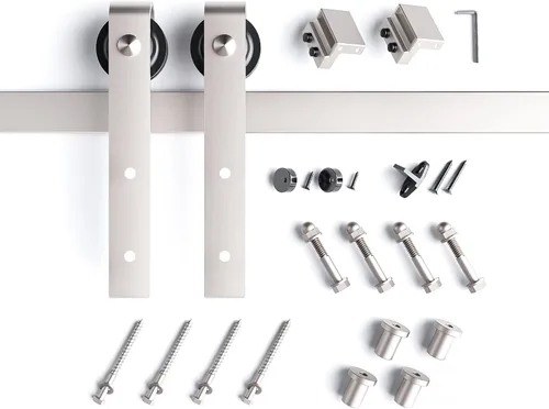 Miniatura 7 de EaseLife Kit de Rieles de Hardware de 5 Pies para Puerta Corredera de Granero de Níquel Cepillado, Polea J Básica, Trabajo Pesado, Se Desliza Suave