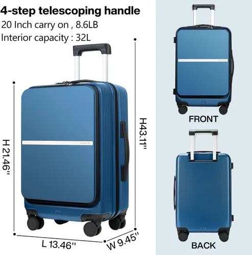 Miniatura 2 de Hanke equipaje de mano, Azul Patchwork, carry on 20-Inch, Equipaje de mano mejorado con bolsillo frontal para laptop de 15.6 pulgadas