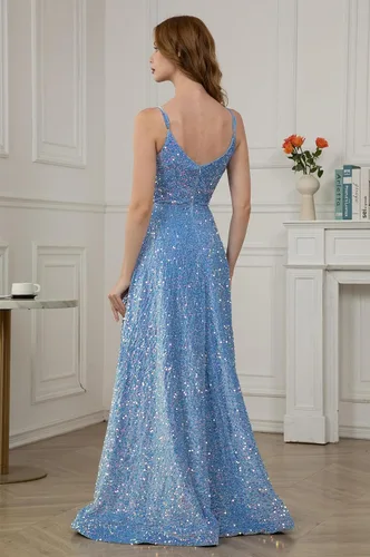 Miniatura 2 de Tianzhihe Vestidos de fiesta con tirantes delgados, vestidos de fiesta largos con lentejuelas, vestidos de fiesta formales brillantes acampanados