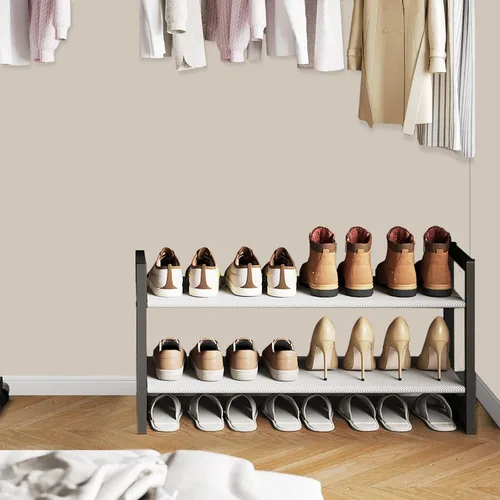 Miniatura 7 de Zapatero de 2 niveles para armario y entrada, organizador de zapatos apilable, marco de metal con tornillos para menos tambaleo, estantes no tejidos
