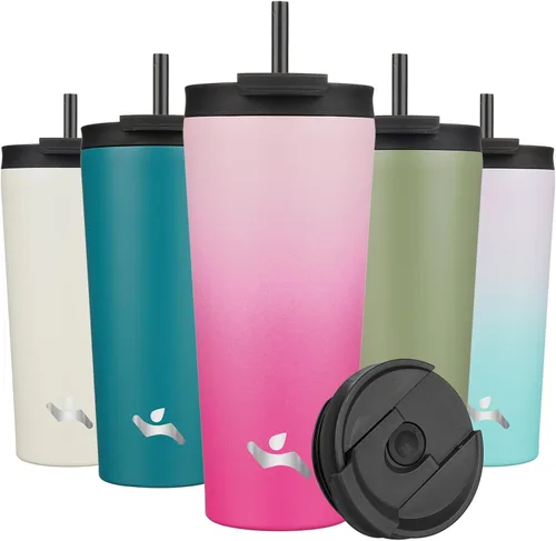 Miniatura 52 de Konokyo Vaso aislado de 18 onzas con tapa y 2 pajillas, botella de agua de acero inoxidable, taza de viaje al vacío, taza de café, color blanco ángel