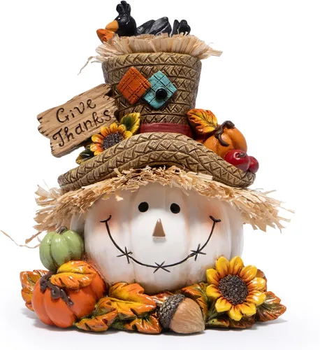 Hodao Decoraciones de calabaza de Acción de Gracias, figura de resina de otoño con sombrero de paja, pájaros, bellotas y girasoles, letrero de
