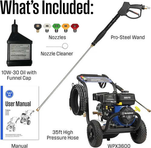 Miniatura 6 de Westinghouse WPX3600 - Lavadora a presión a gas, 3600 PSI y 2.7 GPM máx., tanque de jabón a bordo, pistola de pulverización y varilla, juego de 5