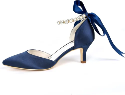 Miniatura 4 de Pointed Toe Pearl Satin Wedding Shoes for Bride Low Heel Bridal Shoes for Women Satin Heels Prom Party Shoes 1608-28