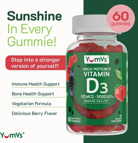 Miniatura 3 de YUM-V'S Gomitas de vitamina D3 de 5000 UI 125mcg D3 - Apoya el apoyo inmunológico, fuerte salud ósea, sin OMG, sin gluten, sin lácteos, gomitas