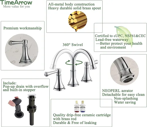 Miniatura 4 de TimeArrow Grifo de Lavabo de Baño Cromado de Dos Manijas de 8 Pulgadas Separado con 3 Orificios con Desagüe Pop-Up, Grifo Moderno de Arco Alto