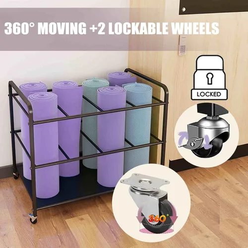 Miniatura 2 de Estante de almacenamiento para esterilla de yoga, equipo de entrenamiento, gimnasio en casa, estante de almacenamiento con ruedas, soporte para Negro