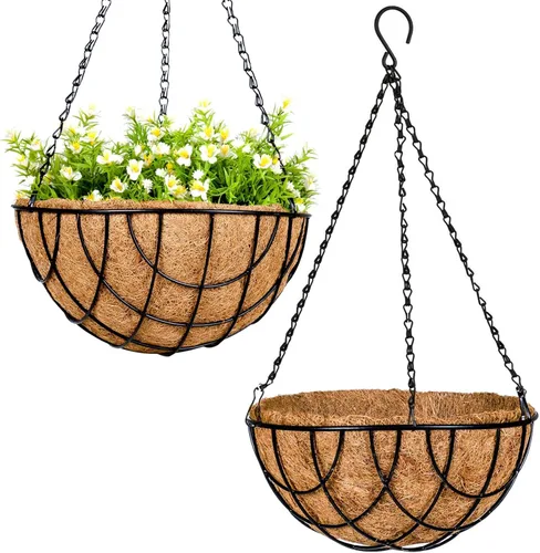 Miniatura 8 de Maceta colgante con forro de cesta de fibra de coco – soporte redondo de alambre para plantas al aire libre, patio, balcón, jardín, decoración