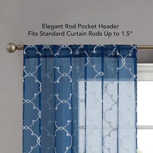 Miniatura 3 de Creative Home Ideas Cortinas transparentes (2 paneles, 38 x 63 pulgadas, azul), paneles de cortina geométricos bordados con alzapaños, cortinas