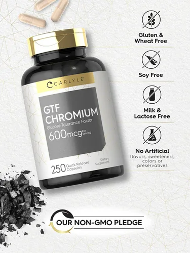 Miniatura 5 de Carlyle Suplemento de cromo GTF 600 mcg 250 cápsulas Factor de tolerancia a la glucosa Fórmula sin OMG y sin gluten