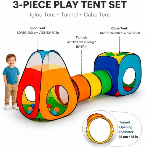 Miniatura 8 de Tienda de campaña desplegable de 3 piezas: 1 túnel de gateo + 2 tiendas de campaña: tiendas de campaña para niños, niñas, bebés y niños pequeños