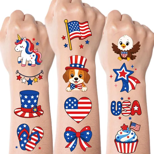 Miniatura 9 de JCFIRE Decoraciones del 4 de julio, 100 piezas de tatuajes temporales para niños y adultos, decoraciones patrióticas, accesorios del 4 de julio