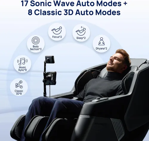 Miniatura 4 de VAT - Silla de masaje de cuerpo completo VibroAcoustic Sonic Wave, SL-Track Zero Gravity reclinable con 25 modos automáticos, escaneo corporal Negro
