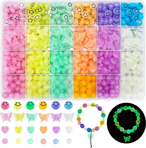 636 cuentas que brillan en la oscuridad, color caramelo, cara sonriente, corazón, mariposa, cuentas acrílicas que cambian de color al sol a los
