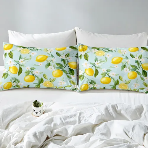 Miniatura 4 de Erosebridal Juego de sábanas de limón amarillo tamaño individual tropical para niños y niñas, sábana bajera ajustable de frutas botánicas con hojas