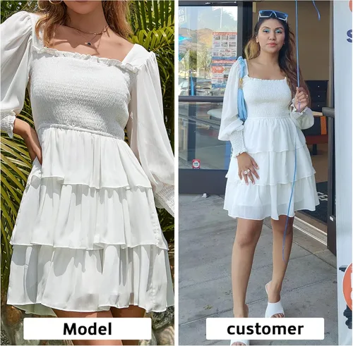 Miniatura 3 de Byinns Vestido de manga larga con volantes y cuello cuadrado para mujer, estampado floral, con lazo en la espalda, vestido mini con vuelo en capas