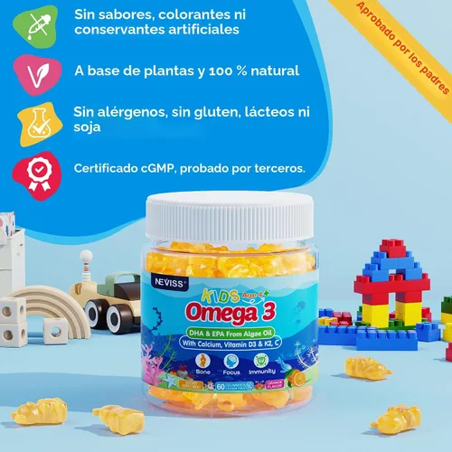 Miniatura 8 de Gomitas Omega 3 para niños + calcio 400 mg + vitamina D3 K2 + C, Omega-3 DHA y suplemento EPA – Sin eructos de pescado, sin azúcar – Omega 3