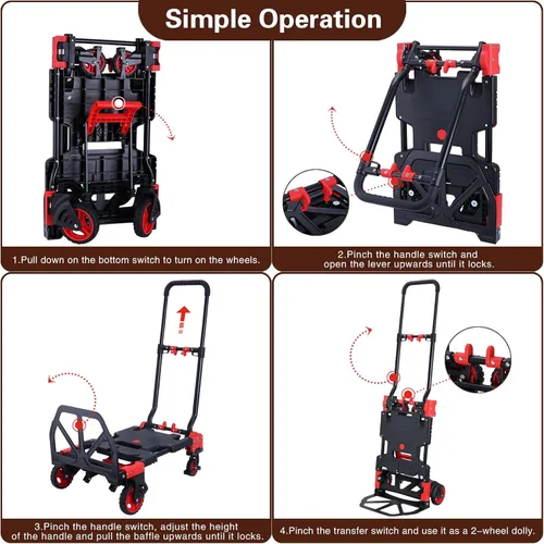 Miniatura 5 de Carretilla de Mano Plegable 2 en 1 Dolly 330LB Capacidad de Carga, Carretilla de Mano Plegable Dolly con Mango Retráctil y 4 Ruedas de Goma, Carrito