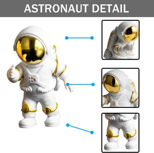 Miniatura 7 de Juego de 4 adornos dorados de estatua de astronauta de poliresina, decoración de 3 piezas de espejo y 1 llavero para habitación, automóvil, tablero