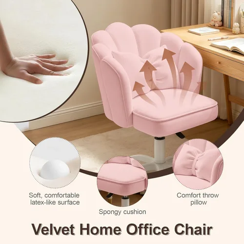 Miniatura 5 de Petal - Silla de escritorio con cojín de lazo, silla de tocador de terciopelo con ruedas, silla tapizada de oficina en casa para niñas y mujeres