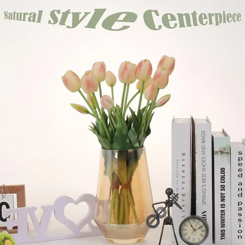 Miniatura 4 de 20 flores de tulipán artificiales, tallos de tulipán de tacto real de 16 pulgadas con hojas sintéticas, tulipanes y capullos sintéticos para Champán