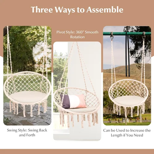 Miniatura 5 de Tangkula Silla hamaca con cojín, estilo bohemio de macramé con kit de accesorios para colgar y correa, columpio de cuerda colgante para interiores