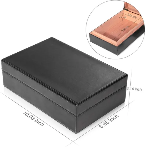 Miniatura 3 de Humidor de puros, superficie de cuero hecho a mano, con revestimiento de madera de cedro español sólido real, caja de escritorio con higrómetro