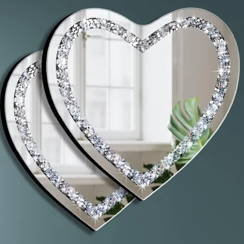 DMDFIRST Juego de 2 espejos de vidrio plateado en forma de corazón 12x12 pulgadas con decoración de diamantes estrellados en cadena para decoración