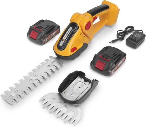 TOOVEM - Cortasetos inalámbrico 2 en 1 con 2 baterías recargables y cargador, cortador eléctrico de 24 V para jardín, césped (amarillo)