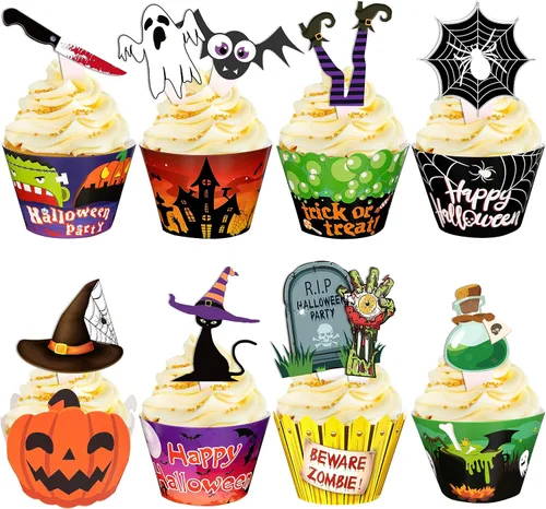 164 envoltorios para cupcakes de Halloween, tela de araña, calabaza, zombi, tartas de mano, suministros de decoración de fiesta