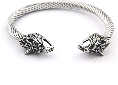Miniatura 4 de BAVIPOWER Pulsera de acero inoxidable con cabezas de lobo nórdico Fenrir Odin Raven Dragón Serpiente de acero inoxidable fuerte Pagan Jewelry