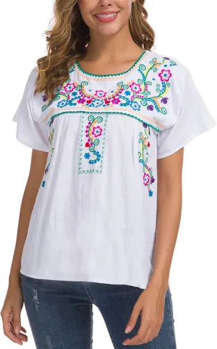 Miniatura 4 de YZXDORWJ - Blusa mexicana bordada para mujer - Camisa de verano manga corta