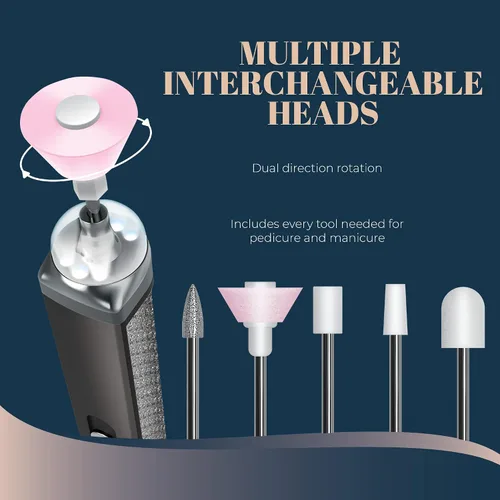 Miniatura 3 de Perry Ellis Lima de uñas eléctrica inalámbrica con luz LED, mango recargable por USB con 5 cabezales intercambiables, taladro eléctrico para uñas