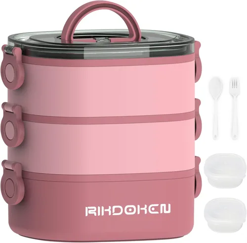 Miniatura 10 de RIKDOKEN Caja de almuerzo, contenedores apilables de 3 capas, lonchera portátil de gran capacidad de 94OZ a prueba de fugas con cajas para salsa