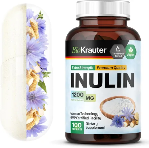 BIO KRAUTER Polvo de inulina de raíz de achicoria en cápsulas de 1200 mg por porción, 100 unidades, fibra prebiótica de inulina vegana y pura para
