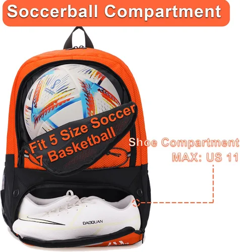 Miniatura 3 de Hsmihair - Bolsa de fútbol - Mochila de fútbol y mochila para fútbol, voleibol y baloncesto, con compartimento para pelota y tacos separados Naranja