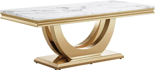 Miniatura 7 de SSLine Mesa de Centro Rectangular de Mármol Sintético para Sala de Estar, Mesa Central Moderna de Mármol Blanco de Lujo con Base Doble en Forma de U