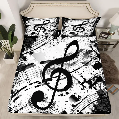 Miniatura 16 de Manfei Sábana bajera ajustable musical tamaño individual, juego de ropa de cama con estampado de notas musicales retro para niños y niñas, Marrón