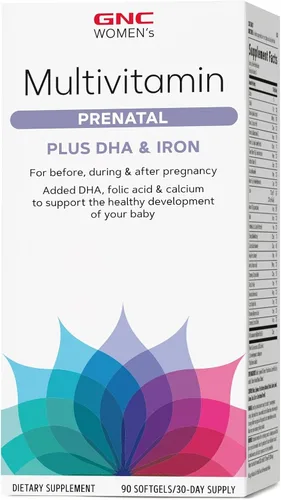 GNC Fórmula multivitamínica prenatal para mujer con DHA y hierro, apoya el embarazo y el desarrollo saludable del bebé, nutrientes esenciales, ácido