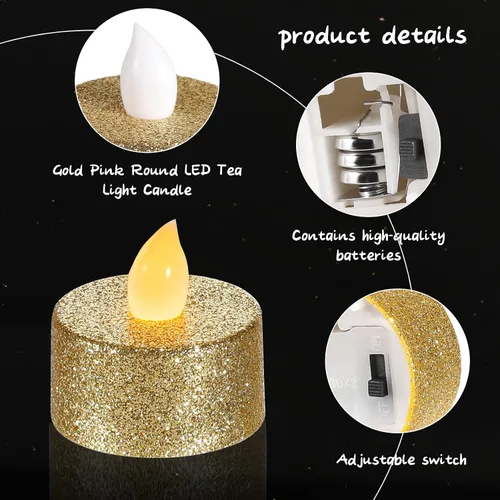 Miniatura 5 de Mudder 24 Piezas Velas de Té Doradas LED Velas Tealights Sin Llama Votivas Operadas con Batería Velas de Té Eléctricas con Purpurina Tealight