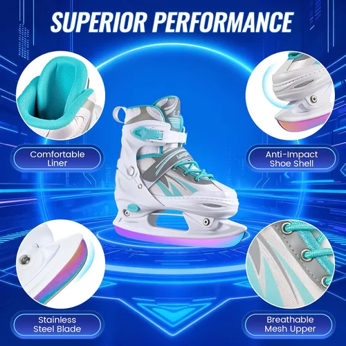 Miniatura 2 de Patines de hielo ajustables para niños, niñas y niños, 4 tamaños ajustables para principiantes, patines de hockey sobre hielo para jóvenes y Azul