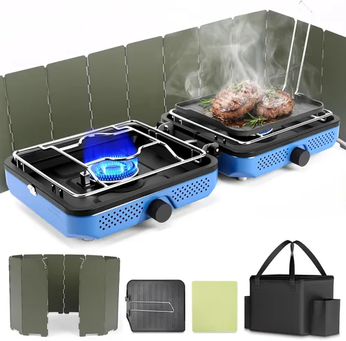 Miniatura 12 de Hisencn Estufa de campamento, estufa de campamento de propano de 2 quemadores, plancha dual, estufa de propano portátil de 30,000 BTU con bolsa