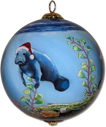 Miniatura 8 de Adorno de Navidad de Manatí pintado a mano, bola de cristal de la vida marina costera, decoración navideña de playa tropical, animal marino