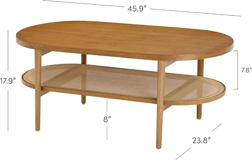 Miniatura 2 de Mesa de centro ovalada bohemia Sonia de 2 niveles, mesa de caña de sala de estar con estante de almacenamiento y patas de mediados de siglo