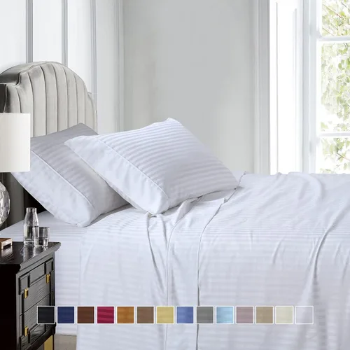 Miniatura 3 de Royal Hotel Bedding Sábanas a rayas de 600 hilos, juego de sábanas de 4 piezas, 100% algodón, rayas de satén, bolsillo profundo, tamaño Queen, azul