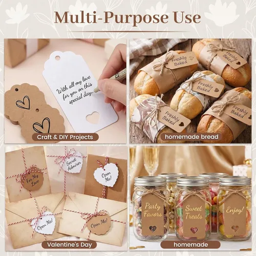 Miniatura 2 de SallyFashion Paquete de 200 etiquetas de regalo con cuerda adjunta, 3 diseños diferentes, etiquetas en blanco y marrón, etiquetas de regalo