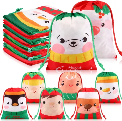 Xuniea 24 Piezas Bolsas de Tela con Cordón Navideñas Muñeco de Nieve Santa Bolsas de Golosinas 10 x 7 Pulgadas Bolsa de Envolver Regalos Navideños