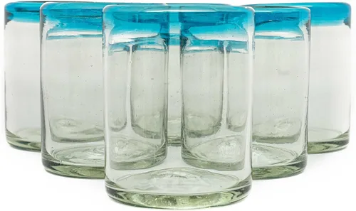 Miniatura 7 de Juego de 6 vasos soplados a mano (10 onzas) de México con borde Aquamarina – Cristalería de vidrio de burbuja reciclado, rústico y hecho a mano