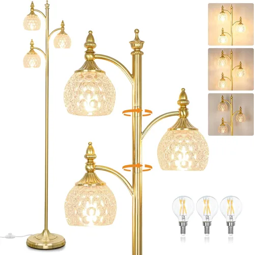 Miniatura 14 de JUNNAI Lámpara de pie negra para sala de estar, lámpara de pie alta, regulable, con 3 luces giratorias, pantalla de cristal, lámpara de esquina Negro