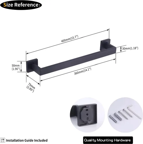 Miniatura 6 de GERZWY Barra de toalla de baño de acero inoxidable SUS 304 de 16 pulgadas, color negro mate, estilo moderno, montaje en pared FG160140-BK